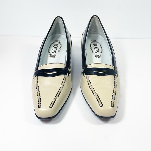 Vintage Tod's Black & Beige Leather Kitten Heels Penny Loafers Shoes - Picture 4 of 8